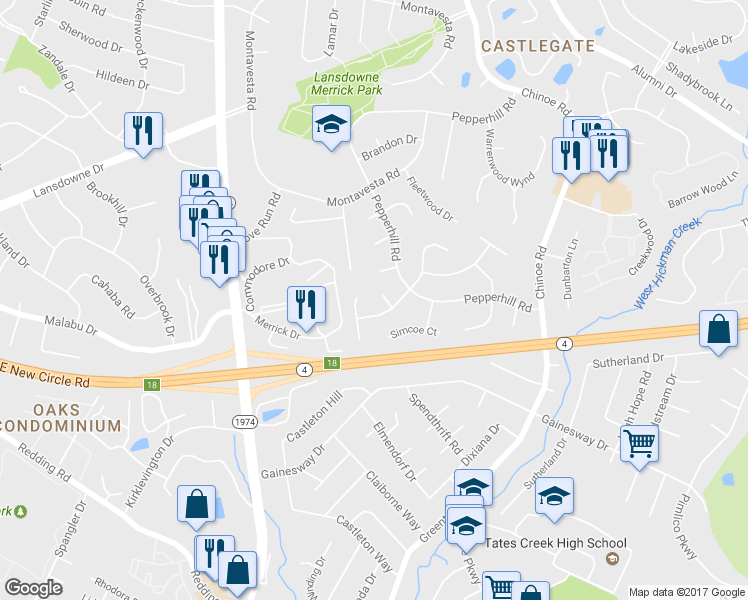 map of restaurants, bars, coffee shops, grocery stores, and more near 3405 Sanmaur Court in Lexington