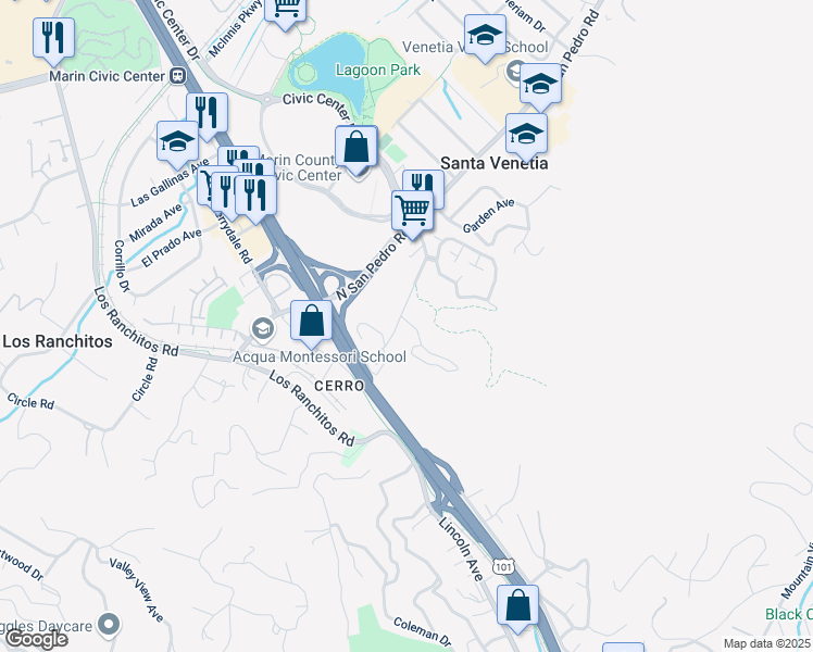map of restaurants, bars, coffee shops, grocery stores, and more near 22 San Pablo Avenue in San Rafael