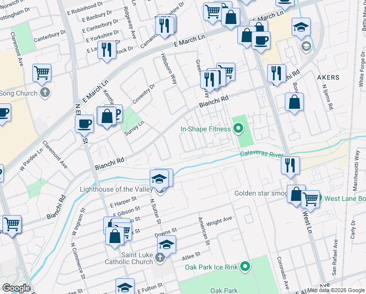 map of restaurants, bars, coffee shops, grocery stores, and more near 4414 La Cresta Way in Stockton