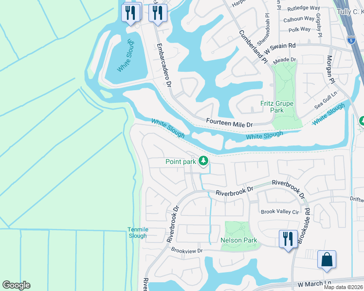 map of restaurants, bars, coffee shops, grocery stores, and more near 6133 Riverbank Circle in Stockton