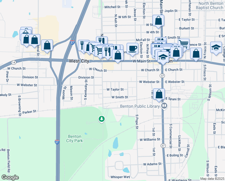 map of restaurants, bars, coffee shops, grocery stores, and more near 414 West Taylor Street in Benton