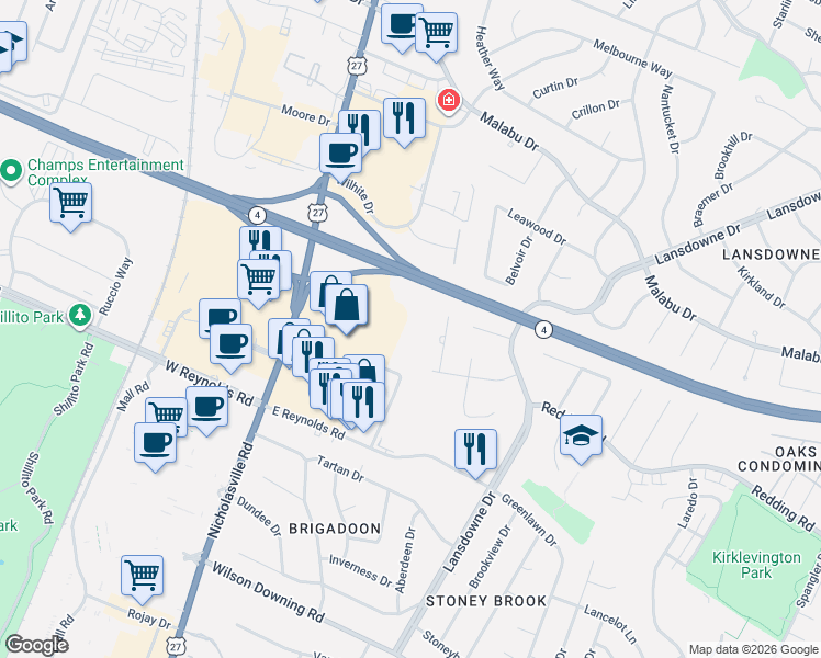 map of restaurants, bars, coffee shops, grocery stores, and more near 3200 Loch Ness Drive in Lexington