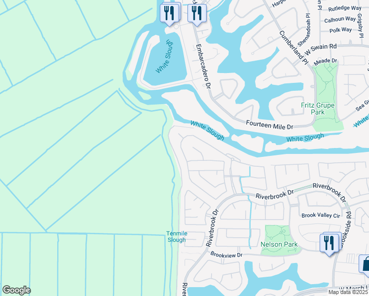 map of restaurants, bars, coffee shops, grocery stores, and more near 6042 Riverbank Circle in Stockton