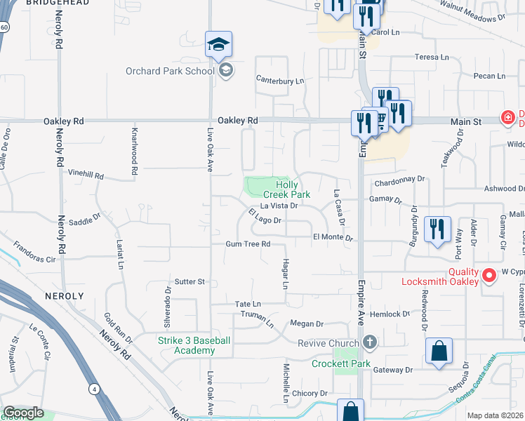 map of restaurants, bars, coffee shops, grocery stores, and more near 4674 La Vista Drive in Oakley