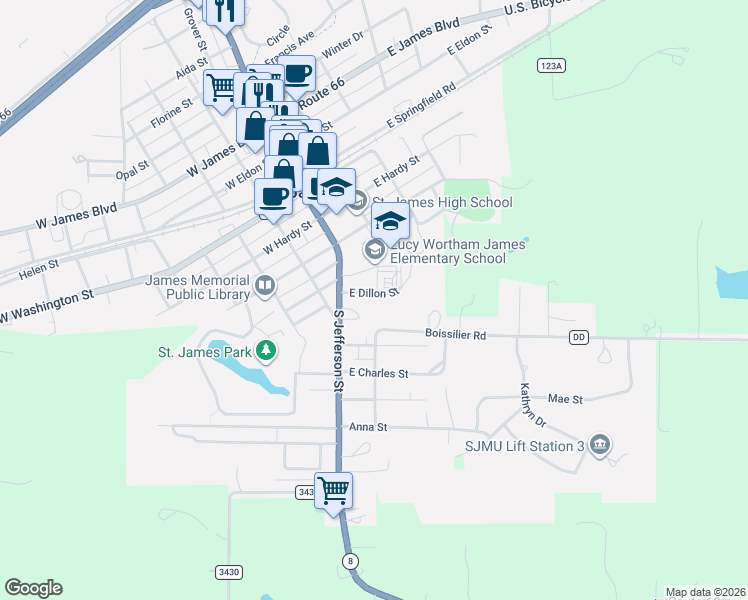 map of restaurants, bars, coffee shops, grocery stores, and more near 138 East Dillon Street in Saint James