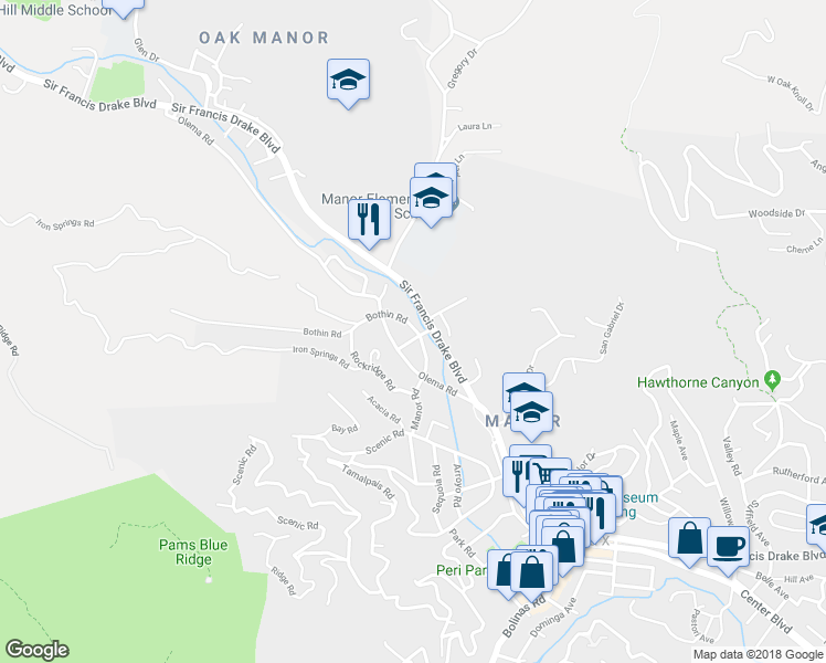 map of restaurants, bars, coffee shops, grocery stores, and more near 2 Marin Road in Fairfax