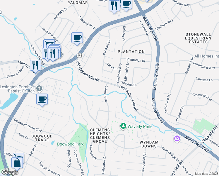 map of restaurants, bars, coffee shops, grocery stores, and more near 2050 Old Higbee Mill Road in Lexington