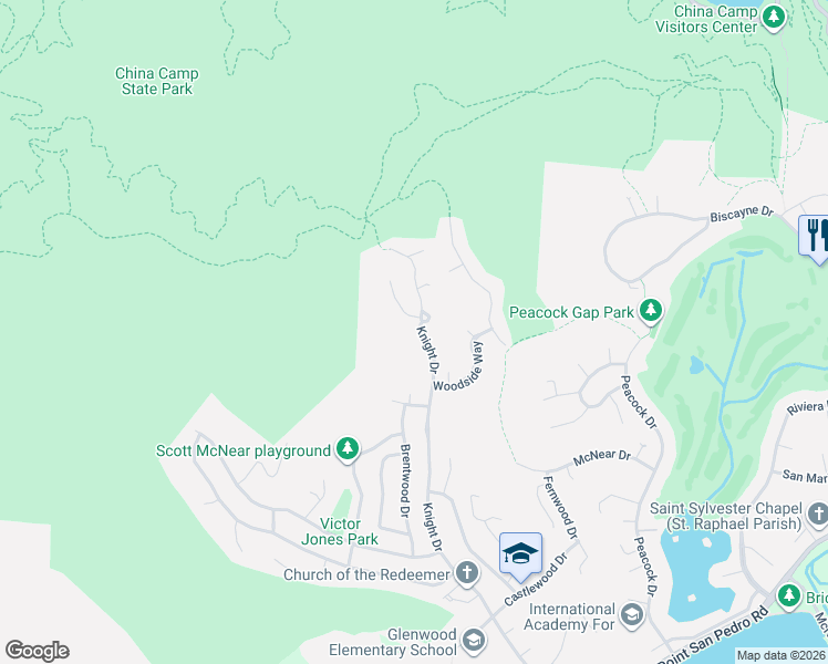 map of restaurants, bars, coffee shops, grocery stores, and more near 301 Knight Drive in San Rafael