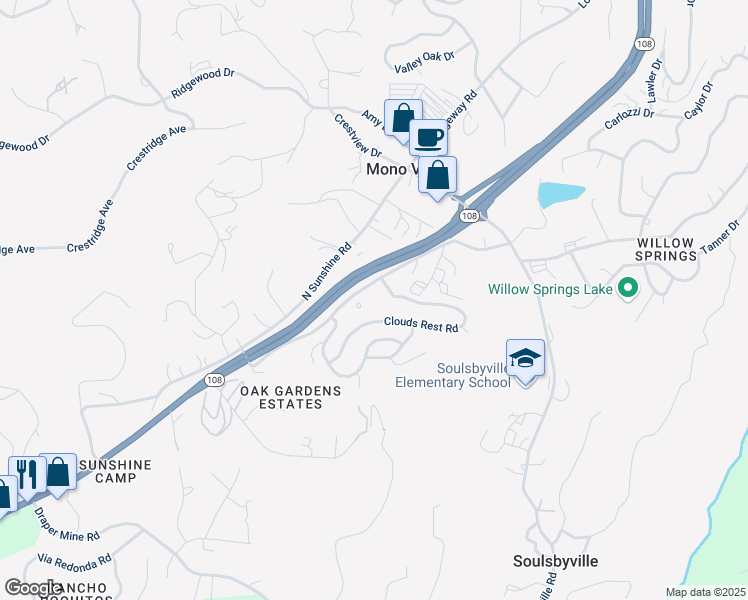 map of restaurants, bars, coffee shops, grocery stores, and more near 20420 Rafferty Court in Soulsbyville