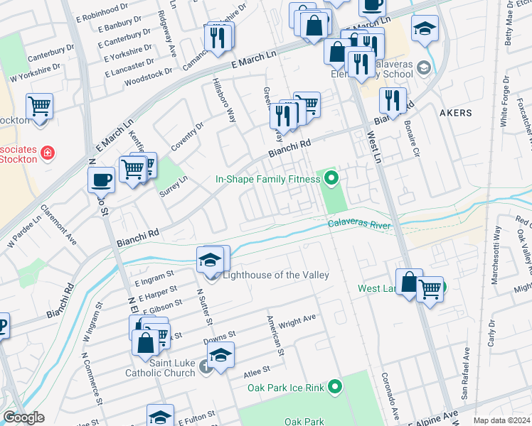 map of restaurants, bars, coffee shops, grocery stores, and more near 4401 Townehome Drive in Stockton