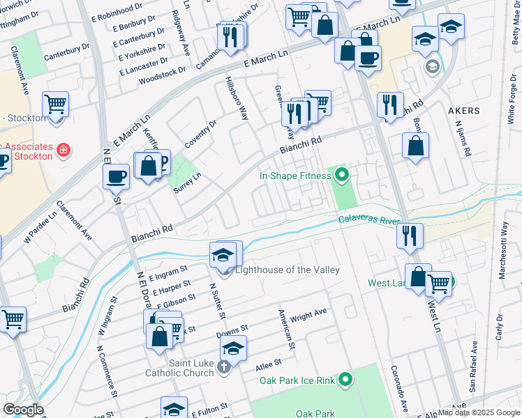 map of restaurants, bars, coffee shops, grocery stores, and more near 4414 La Cresta Way in Stockton