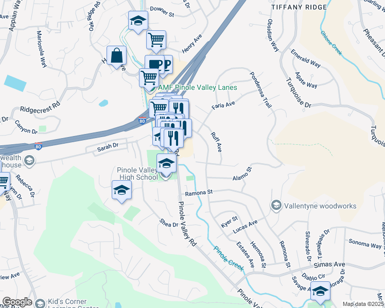 map of restaurants, bars, coffee shops, grocery stores, and more near 2345 Paloma Court in Pinole