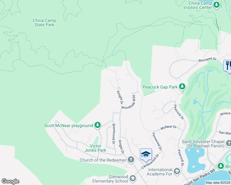 map of restaurants, bars, coffee shops, grocery stores, and more near 301 Knight Drive in San Rafael