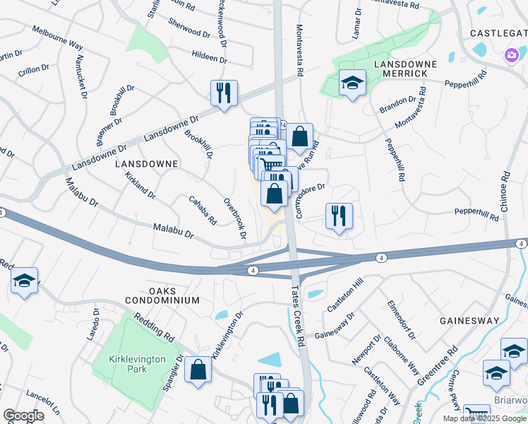 map of restaurants, bars, coffee shops, grocery stores, and more near 857 Malabu Drive in Lexington