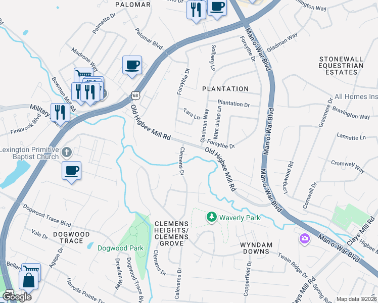 map of restaurants, bars, coffee shops, grocery stores, and more near 2050 Old Higbee Mill Road in Lexington