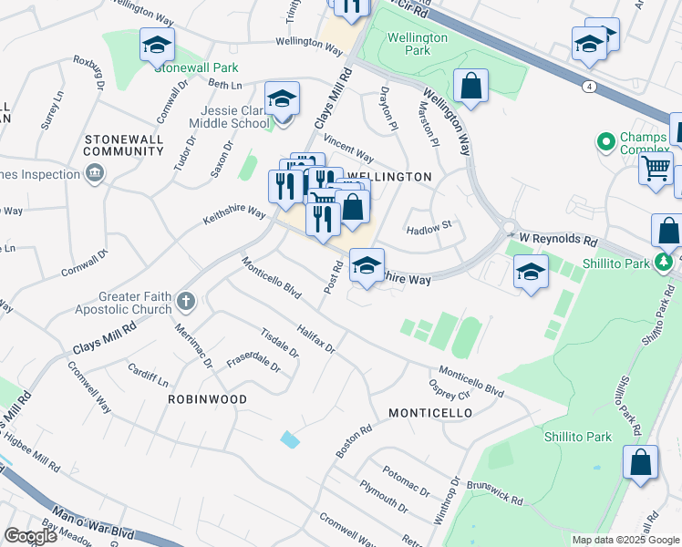 map of restaurants, bars, coffee shops, grocery stores, and more near 3362 Post Road in Lexington