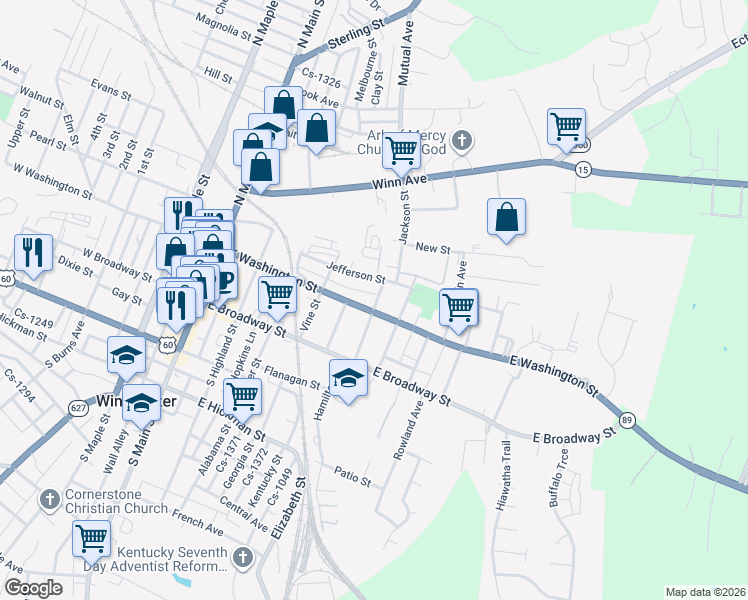 map of restaurants, bars, coffee shops, grocery stores, and more near 104 Jackson Street in Winchester