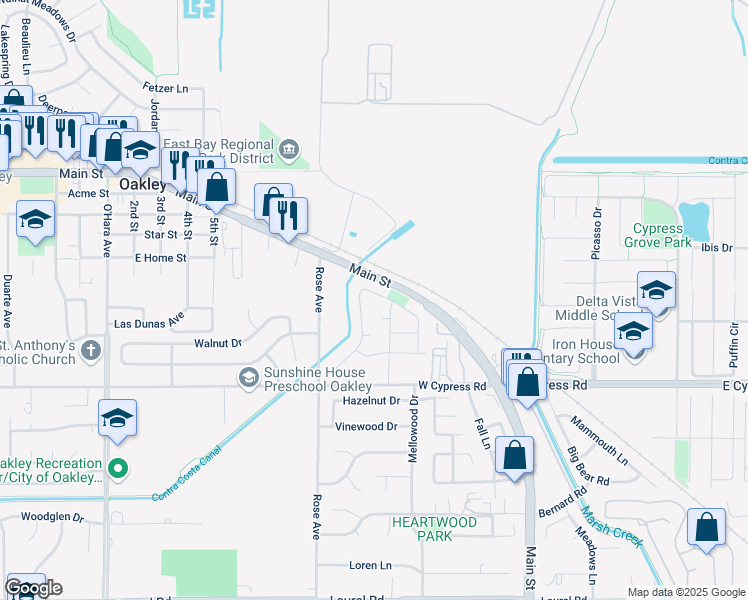 map of restaurants, bars, coffee shops, grocery stores, and more near 4721 Bayside Way in Oakley