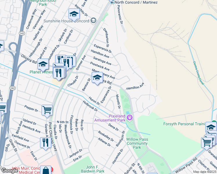 map of restaurants, bars, coffee shops, grocery stores, and more near 3367 Esperanza Drive in Concord