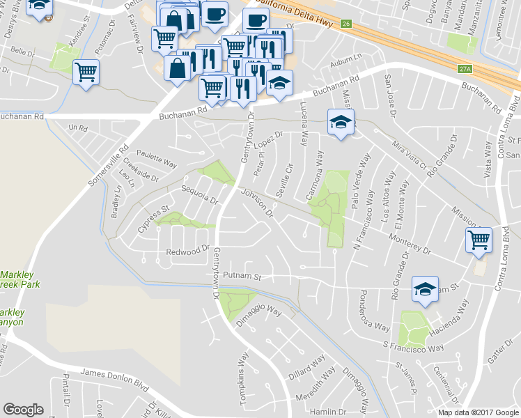 map of restaurants, bars, coffee shops, grocery stores, and more near 2029 Johnson Drive in Antioch