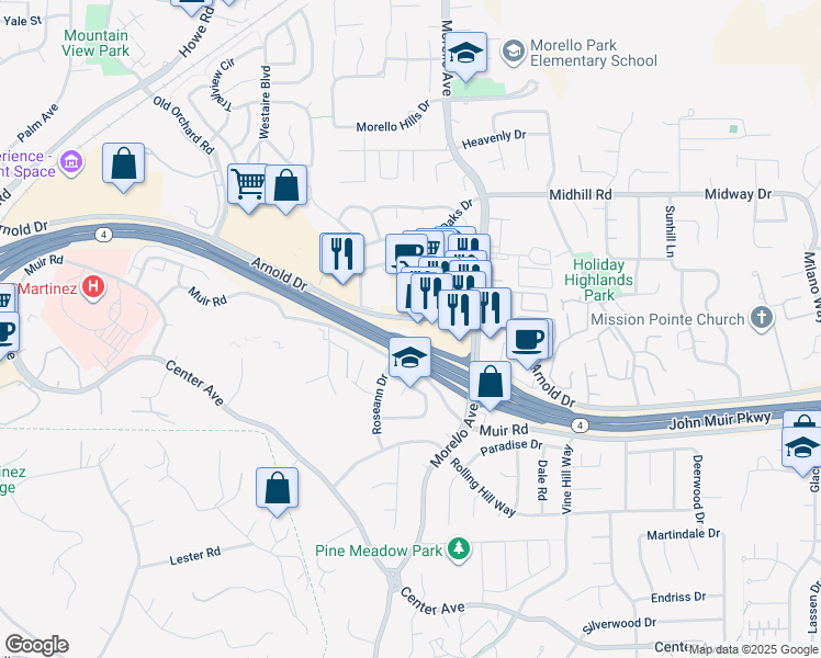 map of restaurants, bars, coffee shops, grocery stores, and more near 1150-1160 Arnold Drive in Martinez