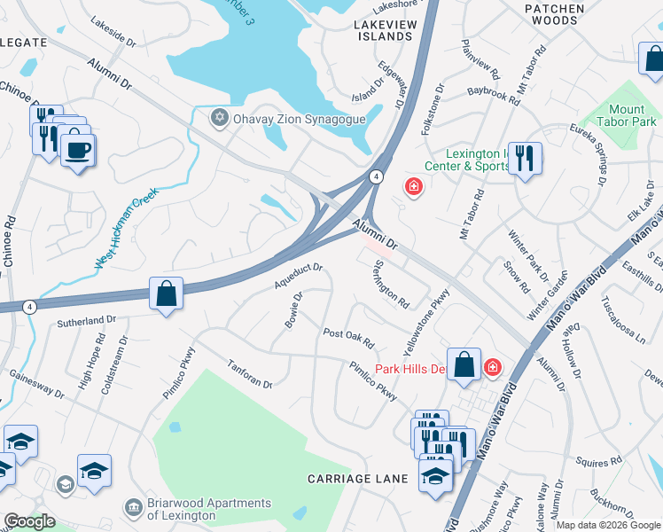 map of restaurants, bars, coffee shops, grocery stores, and more near 3209 Aqueduct Drive in Lexington