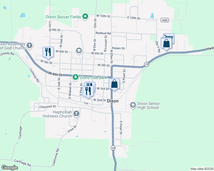 map of restaurants, bars, coffee shops, grocery stores, and more near 202 South Ellen Street in Dixon