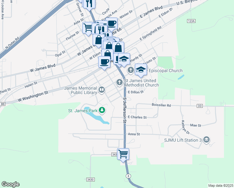map of restaurants, bars, coffee shops, grocery stores, and more near 405 South Meramec Street in Saint James