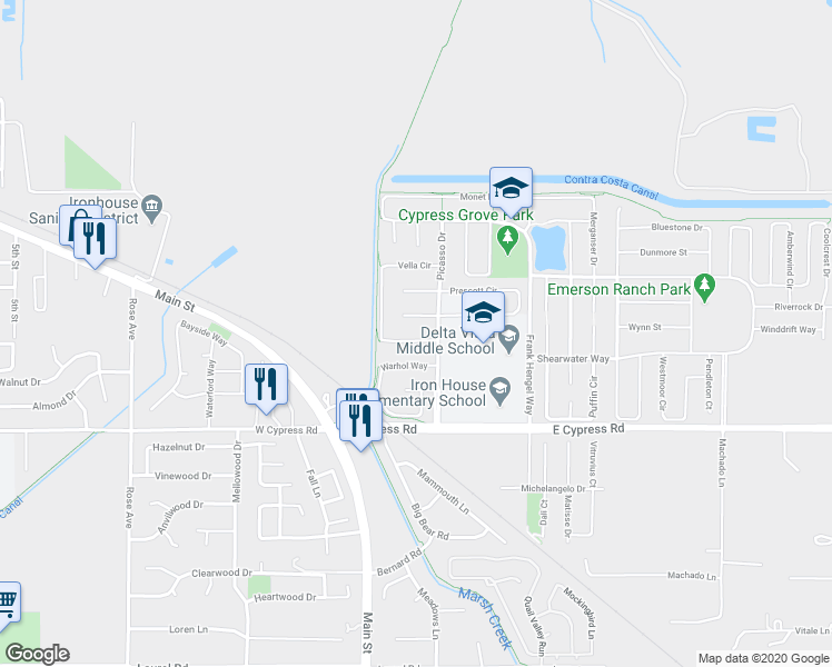 map of restaurants, bars, coffee shops, grocery stores, and more near 22 Vella Circle in Oakley