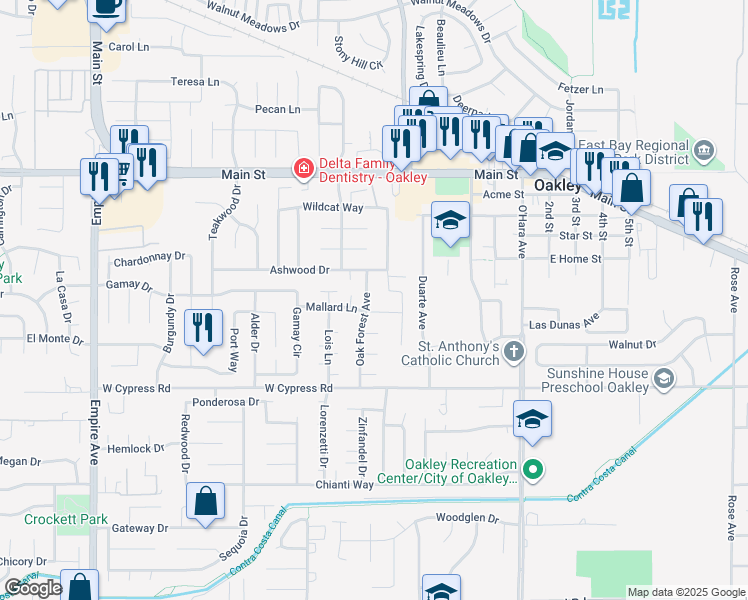 map of restaurants, bars, coffee shops, grocery stores, and more near 4790 Oak Forest Avenue in Oakley