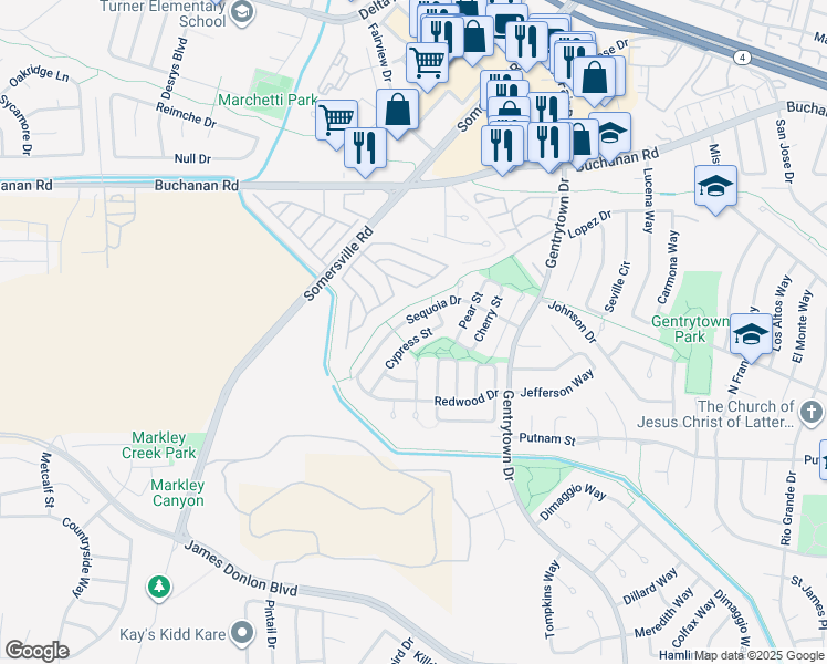 map of restaurants, bars, coffee shops, grocery stores, and more near 2352 Cypress Street in Antioch