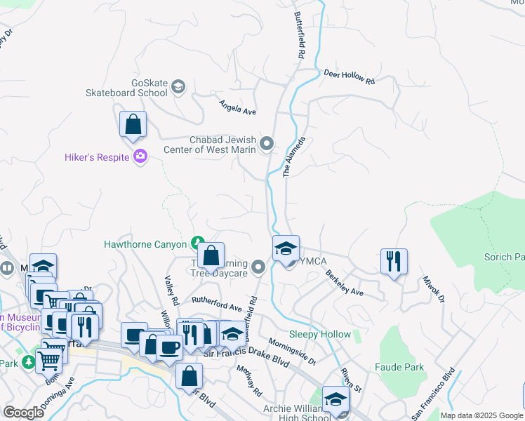 map of restaurants, bars, coffee shops, grocery stores, and more near 191 Butterfield Road in San Anselmo
