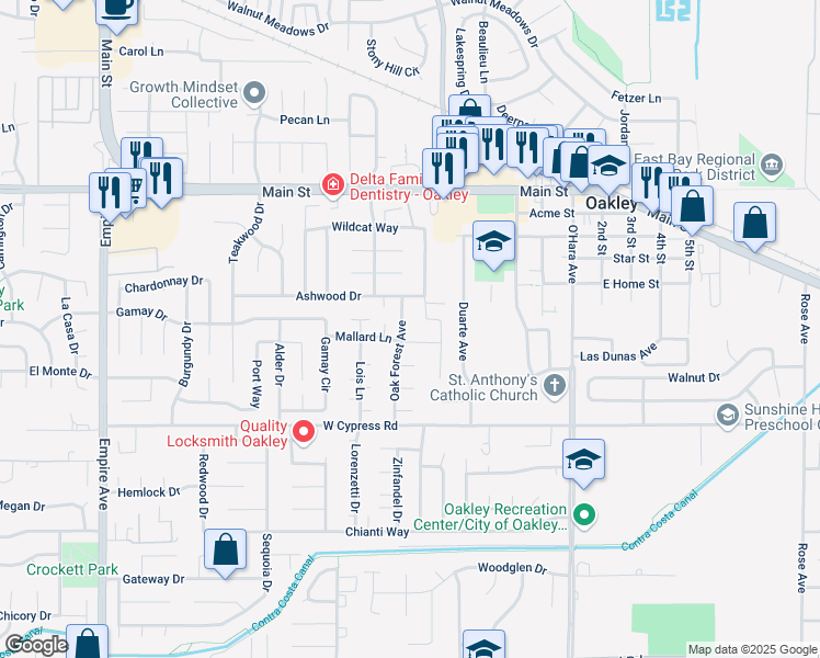 map of restaurants, bars, coffee shops, grocery stores, and more near 4790 Oak Forest Avenue in Oakley