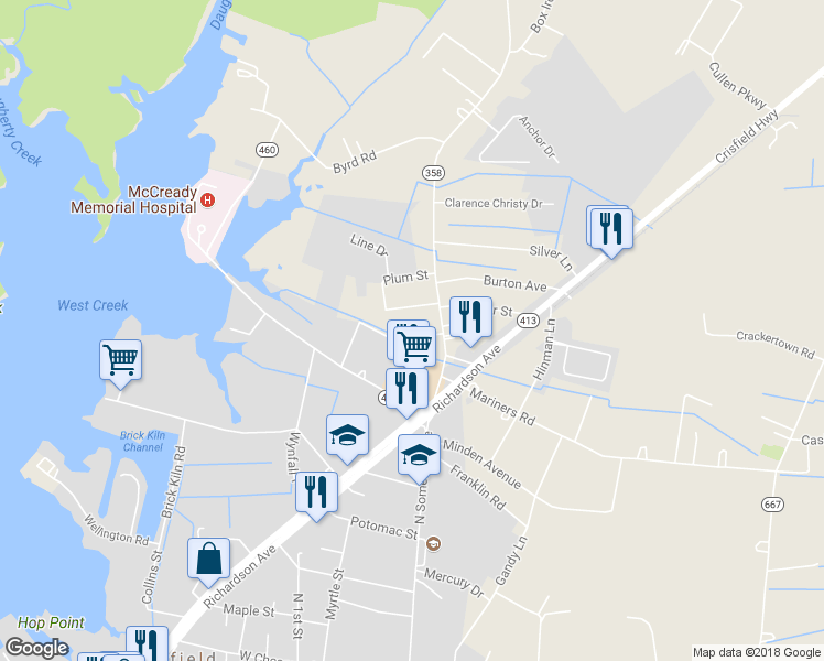 map of restaurants, bars, coffee shops, grocery stores, and more near 26294 Peach Street in Crisfield