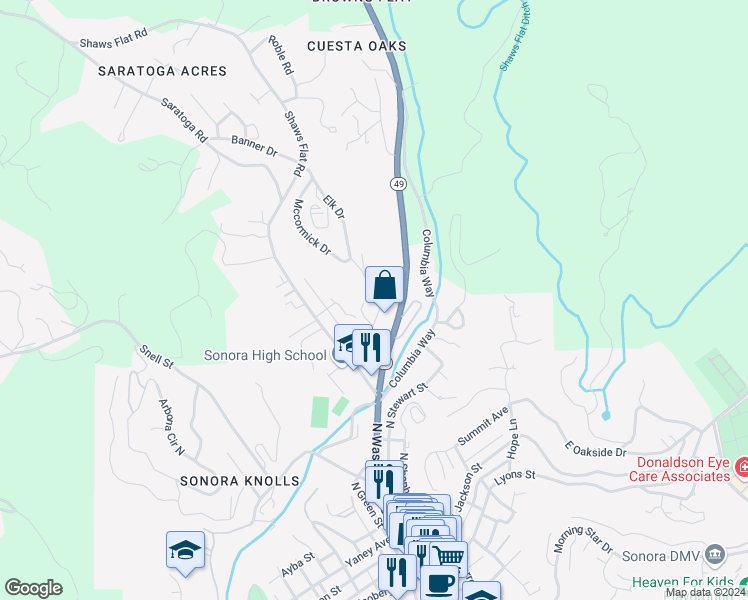 map of restaurants, bars, coffee shops, grocery stores, and more near 114 Steffen Lane in Sonora