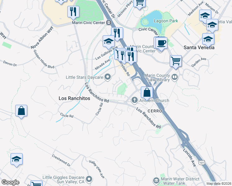 map of restaurants, bars, coffee shops, grocery stores, and more near 42 Apricot Court in San Rafael