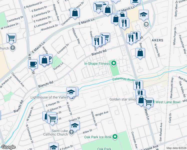 map of restaurants, bars, coffee shops, grocery stores, and more near 4401 Townehome Drive in Stockton