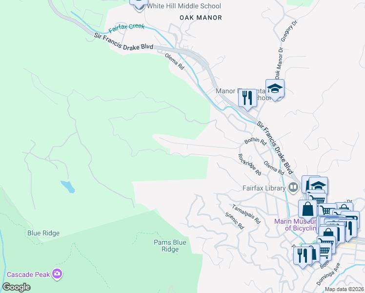 map of restaurants, bars, coffee shops, grocery stores, and more near 179 Bothin Road in Fairfax