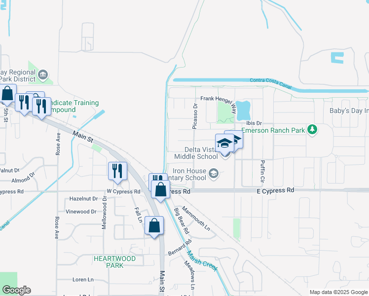 map of restaurants, bars, coffee shops, grocery stores, and more near 22 Vella Circle in Oakley