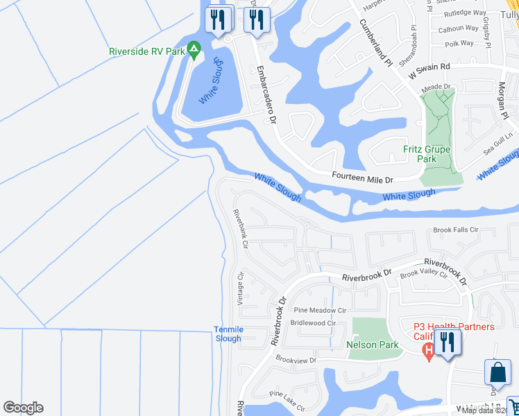 map of restaurants, bars, coffee shops, grocery stores, and more near 6332 Steamboat Cove Court in Stockton