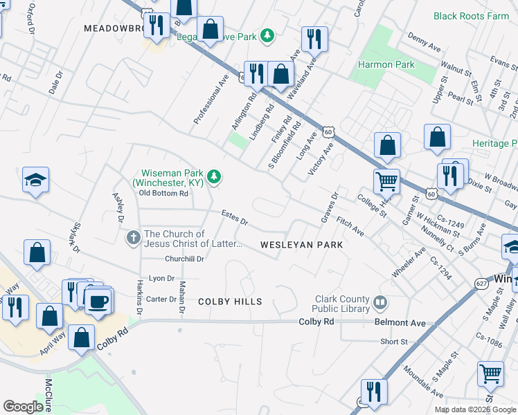 map of restaurants, bars, coffee shops, grocery stores, and more near 129 Sunset Heights in Winchester