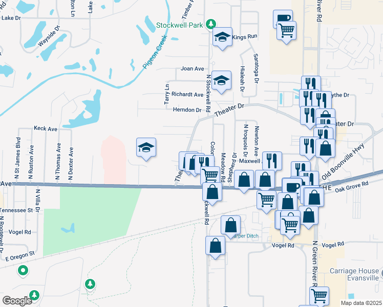 map of restaurants, bars, coffee shops, grocery stores, and more near 3805 Cinnamon Trail in Evansville