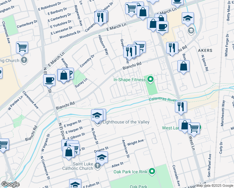 map of restaurants, bars, coffee shops, grocery stores, and more near 4409 Calandria Street in Stockton