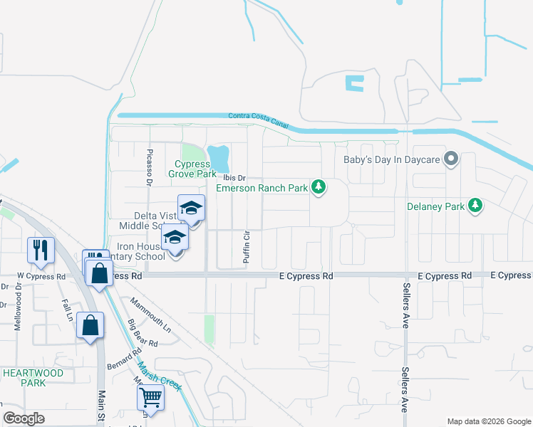 map of restaurants, bars, coffee shops, grocery stores, and more near 374 Parkfield Way in Oakley