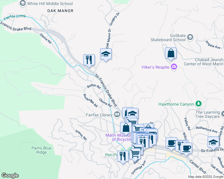 map of restaurants, bars, coffee shops, grocery stores, and more near 9 Crescent Circle in Fairfax