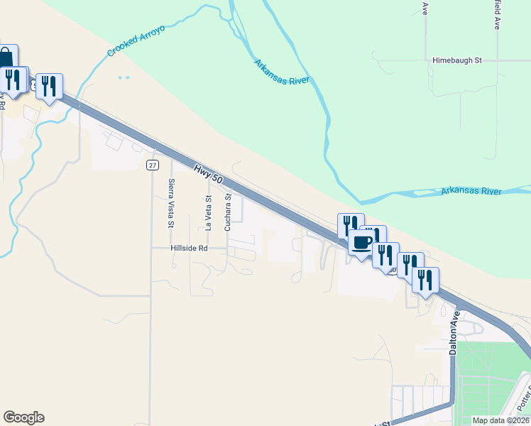 map of restaurants, bars, coffee shops, grocery stores, and more near 27378 Frontage Road in La Junta