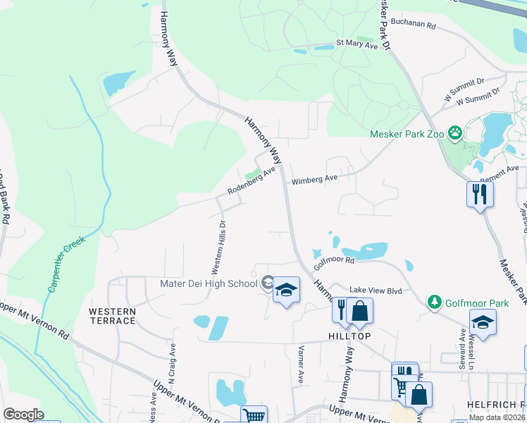 map of restaurants, bars, coffee shops, grocery stores, and more near 1600 Harmony Way in Evansville