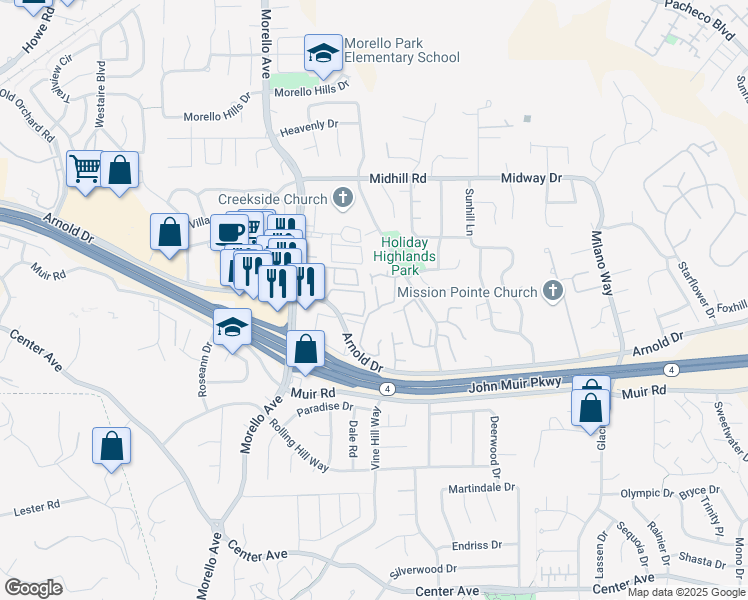 map of restaurants, bars, coffee shops, grocery stores, and more near 358 Eastgate Lane in Martinez