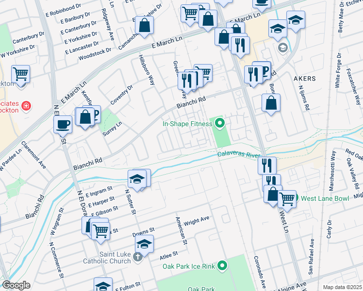 map of restaurants, bars, coffee shops, grocery stores, and more near 4401 Townehome Drive in Stockton