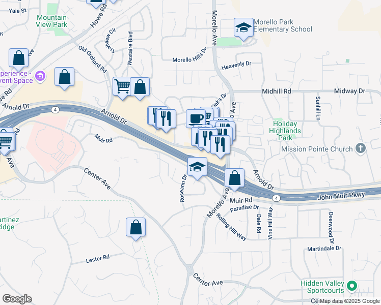 map of restaurants, bars, coffee shops, grocery stores, and more near in Martinez